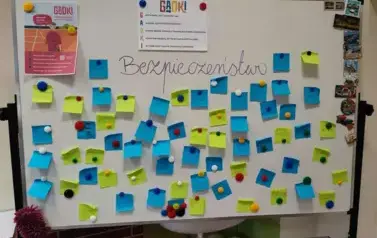 Tablica szkolna z hasłem Bezpieczeństwo i karteczkami post-it że skojarzeniami do hasła