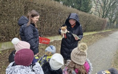 przedszkolaki wręczają laurki z okazji Dnia Zakochanych napotkanym przechodniom na osiedlu