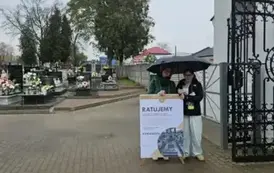 dwie uczennice z klasy 6a zbierają datki na renowację zabytkowych grob&oacute;w przy bramie wejściowej na cmentarz