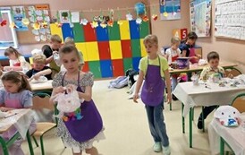 uczniowie klasy 1c podczas ozdabiania czapek