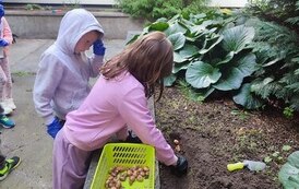 dzieci sadzą cebulki kwiatowe w ogr&oacute;dku