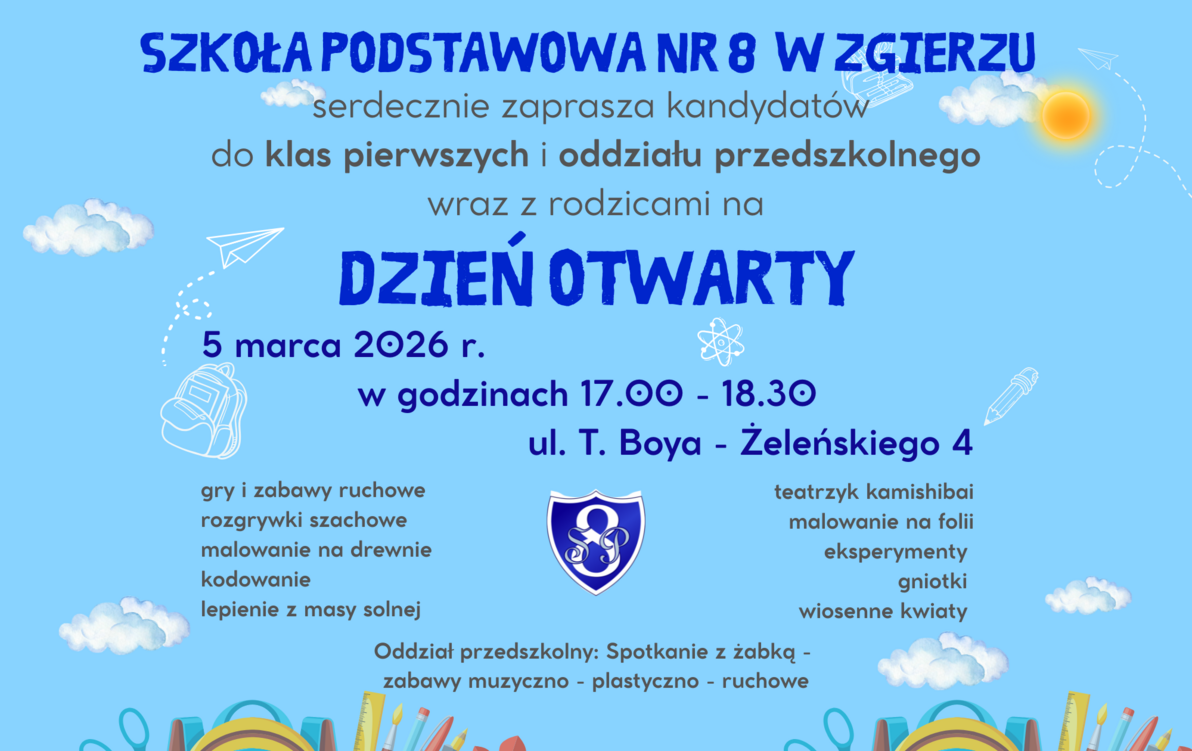 plakat informacyjny o dniu otwartym w SP8 w Zgierzu