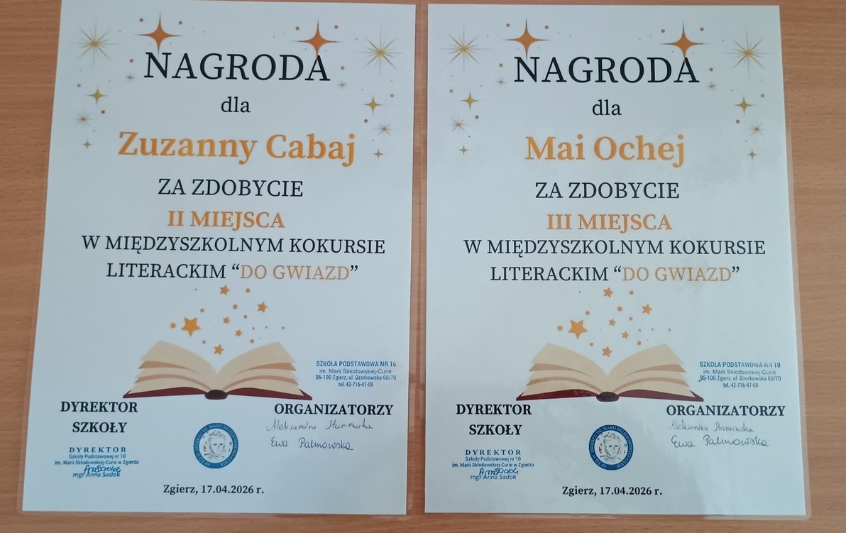 Dyplomy za zdobycie drugiego i trzeciego miejsca w konkursie literackim Do gwiazd