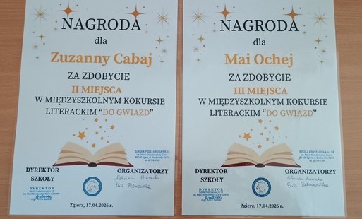 Dyplomy za zdobycie drugiego i trzeciego miejsca w konkursie literackim Do gwiazd