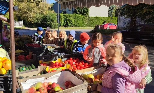 przedszkolaki w warzywniaku oglądają warzywa i owoce